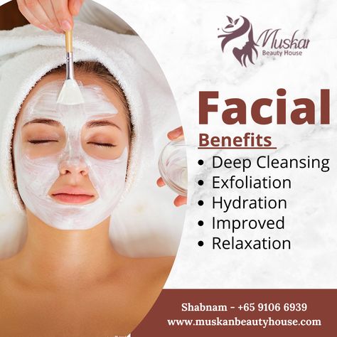 Our professional team brings the best beauty treatments to your home with Muskan Beauty House. The top women's beauty salon in Singapore.  Make an appointment today with Muskan Beauty House.  Contact Us Today! Shabnam - +65 9106 6939 www.muskanbeautyhouse.com  #muskanbeautyhouse #muskanbeautyhouseinsingapore #womenbeautyserviceinSingapore #facial #deepcleansing #exfoliation #hydration #relaxation #SalonAtHome Facial Poster, Hair Poster Design, Facial Benefits, Hair Poster, Beauty Salon Posters, Beauty House, Beauty Parlour, House Of Beauty, Women's Beauty