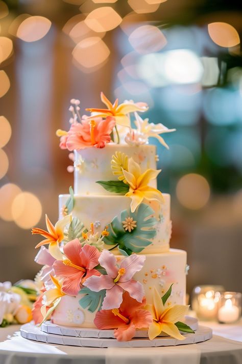 For the couple who dares to be different, here are 37 wildly outrageous wedding cakes that embody boldness and creativity. #BoldBrides #WildWeddingCakes Elegant Hawaiian Cake, Plumeria Wedding Cake, Palm Tree Wedding Cake, Tropical Wedding Cakes, Bosveld Troue, Hawaiian Cakes, Tropical Ceremony, Aloha Cake, Hawaiian Wedding Cake