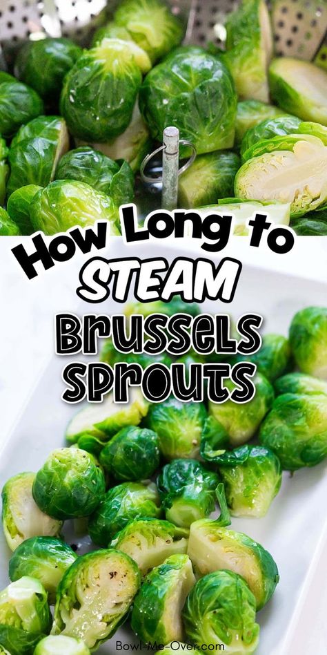 Tender cooked Brussels sprouts with salt and pepper with Pinterest overlay. How To Steam Brussel Sprouts, Boiling Brussel Sprouts, How Do You Cook Fresh Brussels Sprouts, Steamed Brussels Sprouts Recipe, Steamed Brussels Sprouts, Brussel Sprout Recipes Steamed, Brussel Sprouts Boiled, Steaming Vegetables On Stove, Brussel Sprout Recipes Boiled