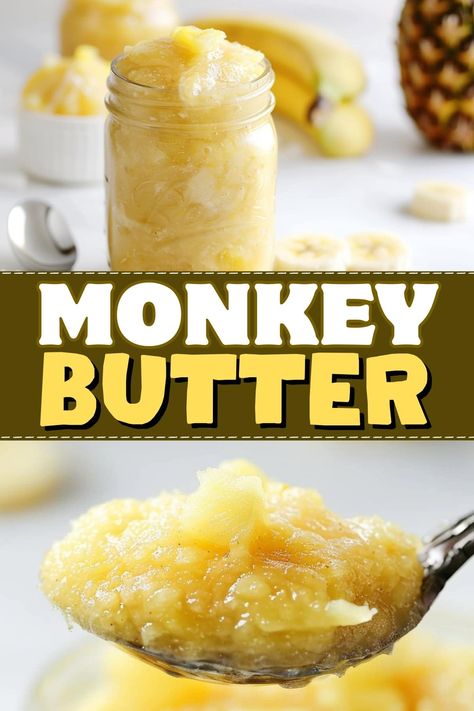 Monkey Butter is a delightful tropical jam loaded with sweet banana, tangy pineapple, and dreamy coconut. One bite will transport you to a sunny paradise. Canning Monkey Butter, Monkey Butter Recipe Simple, Monkey Jam Recipe, Monkey Butter Recipe Canning, Canned Bananas, Canning Bananas, Fruit Butter Recipes, Monkey Butter Recipe, Banana Jam Recipe