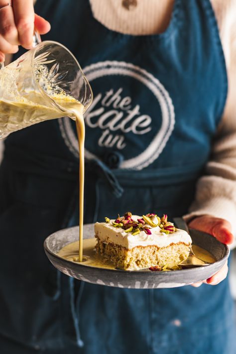 Pistachio Tres Leches Cake | The Kate Tin Tres Leches Recipe, Pistachio Milk, Tres Leches Cake Recipe, Pistachio Recipes, Chai Recipe, Tres Leches Cake, Milk Cake, Baking Company, Tres Leches