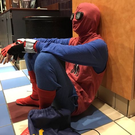 The first spider suit I ever made my attempt at the MCU homemade suit! Also me in the FFH suit more recently Spider Man Homemade Suit, Spider Suit, Also Me, Mens Costumes, Goggles, Spiderman, Leather Pants, Mens Jackets, The First