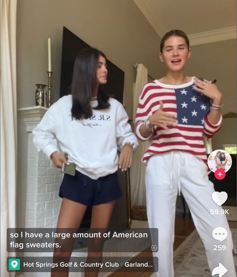 Olivia And Lunden Outfits, Olivia Stallings Outfits, Lunden Stallings Outfits, Olivia Stallings, Lunden And Olivia Outfits, Lunden Stallings, Flag Sweater Outfit, Lunden And Olivia, 4th Of July Outfit