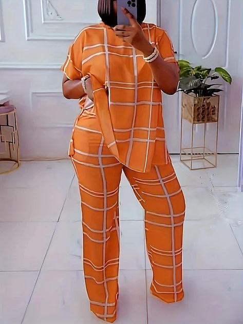 Women's Shirt Pants Sets Plaid Print Casual Daily Fashion Short Sleeve Round Neck Black Spring & Summer 2024 - $27.99 Plus Size Two Piece Outfit, 2piece Outfits, Leg Pants Outfit, Plus Size Two Piece, Shirt Pant Set, Classy Casual Outfits, African Design Dresses, Latest African Fashion Dresses, Plus Size Kleidung