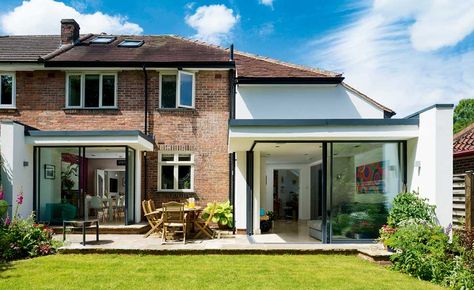 extended and remodelled semi-detached home with glazed sections Semi Detached House Extension, Council House Renovation, 1930s House Extension, 1930s Semi Detached House, House Extension Plans, Council House, 1930s House, Roof Extension, Glass Extension