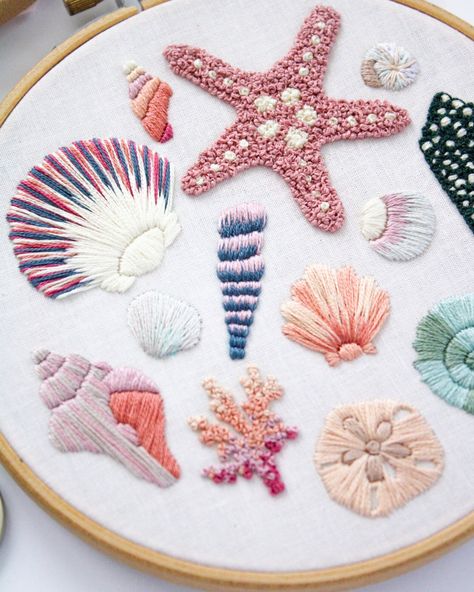 Seashell Embroidery Pattern, Intermediate Tutorial, Beach Hand Embroidery, Hawaii Craft, Beachy Needle Craft, Shell Aesthetic, Maggie Jo - Etsy Seashell Knitting Pattern, Embroidery Shells Seashells, Shell Embroidery Pattern, Embroidered Sea Shells, Shell Embroidery Design, Sea Animals Embroidery, Embroidery Inspiration Hand Stitching, Aquatic Embroidery, Shells Aesthetics