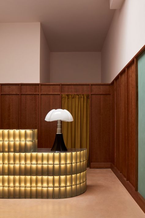 Studio Paul Chan references Wes Anderson at Boisson bottle shop in LA Modernist House, Wooden Wall Panels, Glass Brick, Reception Desks, Steel Shelf, Bottle Shop, Wes Anderson, Glass Blocks, Reception Desk