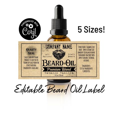 Beard Oil Bottle Label Template. Customize w/ Corjl Online. Download & Print. Editable Printable Oil Bottle Label. Five Sizes Fit 1-2 Ounces by SoPerfectPrintables on Etsy Beard Oil Label, Label Botol, Label Produk, Oil Label, Lip Balm Labels, Customizable Labels, Essential Oil Labels, Clear Labels, Bottle Label Template