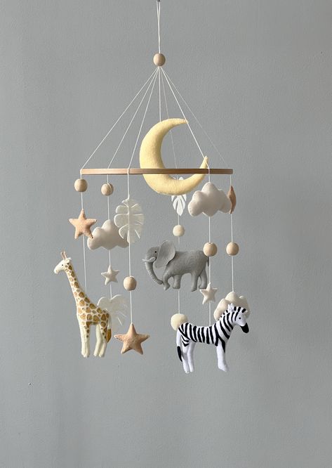 Animal Mobile Nursery, Mountain Mobile Nursery, Neutral Animal Nursery, African Animal Nursery Theme, Giraffe Mobile, Giraffe And Elephant Nursery, Safari Felt Mobile, African Safari Animals, Heirloom Baby Gifts