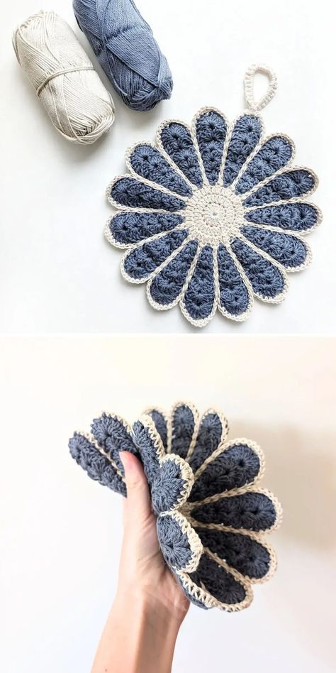 Pan Separators Crochet, Flower Potholder Crochet Free Pattern, How To Crochet Patterns For Beginners, Flower Pot Holder Crochet, Crochet Heart Hot Pad Patterns, Crochet Round Potholder, How To Crochet With Multiple Colors, Free Crochet Potholder Patterns Easy, Crochet Potholders Patterns