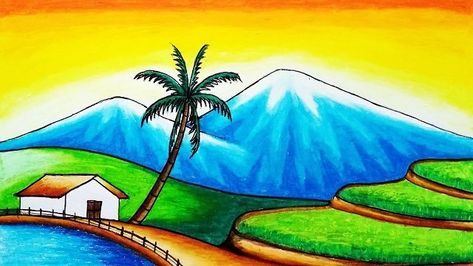 Mewarnai Tk, Nature Drawing For Kids, Field Scenery, Scenery Drawing For Kids, Easy Scenery Drawing, Mom Drawing, Hand Art Kids, Easy Rice, Draw Easy