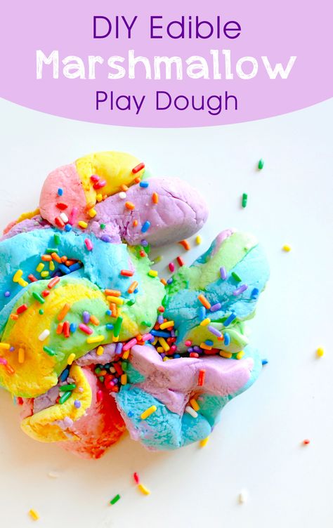 Kids will enjoy making their own colors of DIY edible marshmallow play dough! It tastes similar to fondant and it's fun to squeeze and shape. Homemade marshmallow play dough is a great afternoon sensory activity for kids. Kids can decorate this edible play dough with sprinkles! Sprinkles Sensory Play, Edible Foam For Babies, Edible Play Doh Recipe, Marshmallow Playdough, Edible Play Dough, Edible Kids Crafts, Edible Play Dough Recipe, Edible Slime Recipe, Kids Sensory Activities