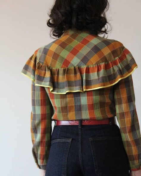 Vintage cotton ruffled check blouse Vintage Clothing Asthetics, Colorful Light Academia Outfits, Western Indie Outfits, 70s Button Up Shirt, Vintage Fashion Aesthetic, Tartan Blouse, Check Blouse, Spring Summer Capsule Wardrobe, 70s Blouse