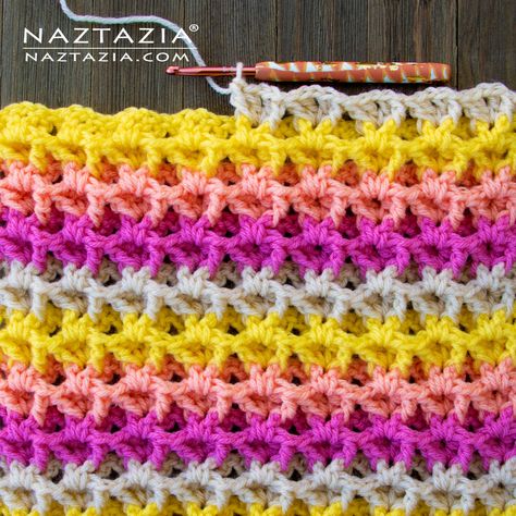 Crochet 3D V Stitch - Naztazia ® Crochet 3d Stitch, Crochet Bobble Blanket, V Stitch Crochet, Crochet Blanket Edging, Crocheting Patterns, Crochet Stitches For Blankets, Crochet Edging Patterns, Front Post Double Crochet, V Stitch