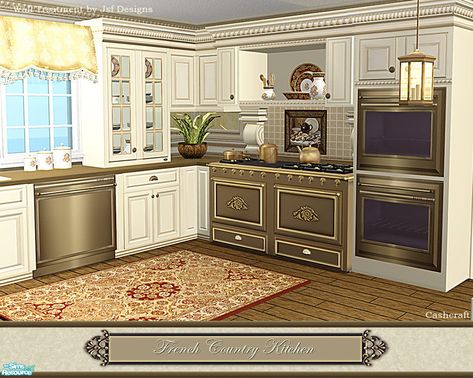 cashcraft's French Country Kitchen Sims 4 French Kitchen, Sims 4 Country Living Room, Sims 4 Kitchen Cabinets Cc, 1910 Bedroom, Bronze Appliances, Sims 4 Kitchen Cabinets, 1920s Furniture, 1940s Kitchen, Dark Counters