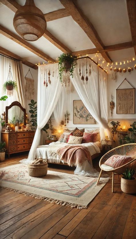 Get inspired to create your dream boho bedroom with these 21 decor ideas. A mix of earthy and chic styles! --- A chic boho bedroom featuring a canopy bed with sheer white drapes, surrounded by a mix of colorful throw pillows and blankets. The room includes a vintage wooden dresser with a large mirror, decorated with fairy lights and potted plants. Th... #Outdoor #DecorTips #Your #an #HomeIdeas #Embracing #Apartment #Charm #Kitchens #Eclectic #Eclectic #InteriorInspo #Transforming #Oasis #into Boho And Vintage Bedroom, Bed Netting Canopy Boho, Boho Reading Nook, Chic Boho Bedroom, Boho Glam Bedroom, Earthy Room, Boho Chic Wall Decor, Throw Pillows And Blankets, Ivy Room