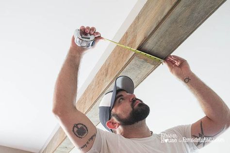 DIY Wood Beam Doorway (20 of 23) Wood Beam Doorway, Beam Doorway, Window Shower Door, Faux Wooden Beams, Ceiling Beams Living Room, Faux Ceiling Beams, Contemporary Rustic Decor, Glazed Kitchen Cabinets, Beams Living Room