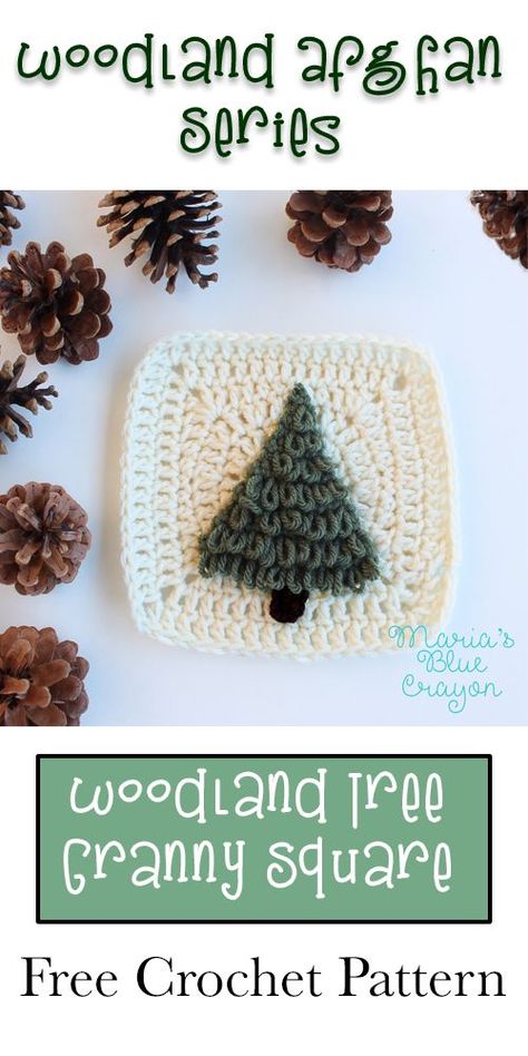 Tree Crochet Granny square | Woodland Afghan Series | Free Crochet Pattern Pine Tree Granny Square, Mountain Granny Square, Cow Granny Square, Tree Granny Square, Crochet Trees, Granny Square Crochet Blanket, Crochet Woodland, Tree Applique, Motifs Granny Square