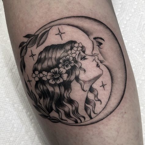 Moon Lady Tattoo, Moon Tattoos For Women, Blue Moon Tattoo, Back Tattoos For Women, Justin Ryan, Half Moon Tattoo, Kiss Tattoos, Moon Tattoos, Crescent Moon Tattoo