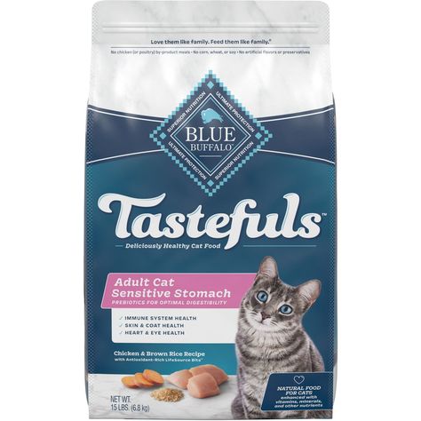 BLUE BUFFALO Tastefuls Sensitive Stomach Natural Chicken Adult Dry Cat Food, 15-lb bag - Chewy.com Chicken Brown Rice, Healthy Cat Food, Brown Rice Recipe, Natural Cat Food, Chicken Cat, Chicken And Brown Rice, Brown Rice Recipes, Kitten Food, Healthy Cat