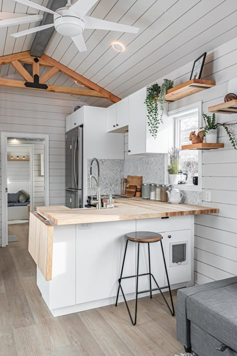 10.5-ft. Wide Paddock Paradise Tiny House Shed Home Kitchen, Shed Kitchen Ideas Tiny House, Tiny House Outdoor Kitchen, Simple Shed House, Small Lake House Kitchen Ideas, Tiny Lake House Interior, Garage Tiny House Conversion, Tiny Shed Homes Interiors, Small Lake House Kitchen