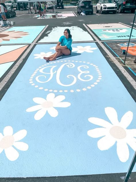 Blue Parking Spot Ideas, Parking Spot Painting High School Sports, Retro Senior Parking Spot, Car Parking Spot Painting, Parking Spot Painting Easy, Senior Parking Spaces Simple, Senior Parking Spot Ideas Girly, Flower Senior Parking Spots, Painted Parking Spots Senior Easy