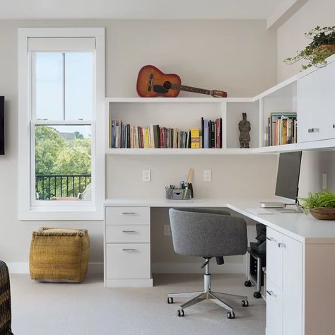 Built In L Shape Desk Ideas & Photos | Houzz Home Office Built Ins With Desk, Home Office For Two, Small Office Room, Ergonomic Home Office, Transitional Home Office, Office For Two, Home Office Built Ins, L Shaped Office Desk, Office Built Ins