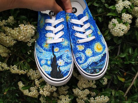 Vincent van Gogh Starry night custom Vans Vincent Van Gogh Starry Night, Painted Canvas Shoes, Starry Night Painting, Painted Sneakers, Starry Night Van Gogh, Shoe Inspiration, Custom Vans, Night Painting, Custom Painted