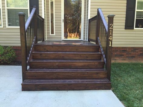 Dark Stained Front Porch, Dark Porch Stain, Brown Porch Ideas, Dark Porch Ideas, Stained Porch Ideas, Dark Stained Porch, Painted Front Porch Wood, Stained Front Porch, Front Stoop Ideas