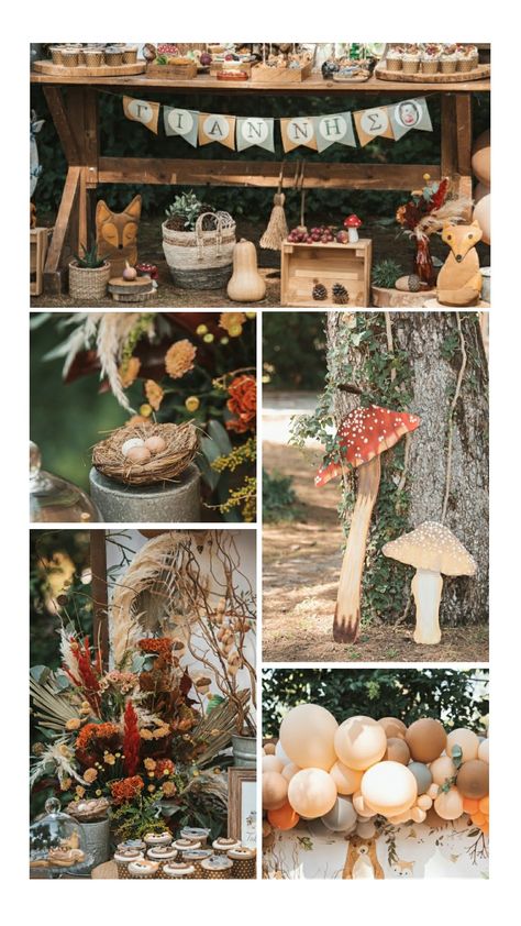 Into The Woods Birthday Theme, Woodland Animal Birthday Party Decoration, Woodland Forest Birthday Party, Forest Animals Party, Woodsy Birthday Party, Forest Theme First Birthday, Enchanted Forest Baby Shower Theme Boy, Forest Decorations Party, Forest Birthday Party Boy