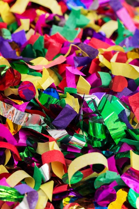 Lots of streamers and confetti Yellow Confetti, Blue Mask, Paper Confetti, Paper Cones, Space Backgrounds, Curly Hair Women, Carnival Masks, 12th Birthday, Carnival Party