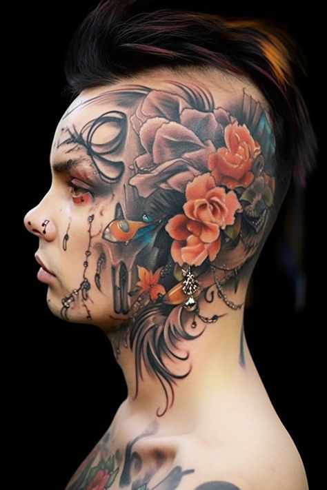 Discover stunning cover up tattoo ideas for females with a mix of masculine and feminine elements. Check out this orange and black skull of tattooed flowers on the left side of someone's neck, in the style of Reylia Slaby, Tetsuya Ishida, and Michael Page. A perfect blend of smooth and curved lines, this manapunk design is truly captivating. Neck Tattoo Girl, Tetsuya Ishida, Tattooed Flowers, Cover Up Tattoo Ideas, Up Tattoo Ideas, Tattoo Ideas For Females, Girl Neck Tattoos, Side Neck Tattoo, Tattooed Women