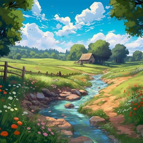 English countryside, Disney inspired, painted landscape, sunny day, water stream I take commissions! English Countryside Photography, English Countryside Landscape, English Countryside Painting, Anime Countryside, Farmland Art, Stream Illustration, Countryside Drawing, Disney Landscape, Stream Drawing