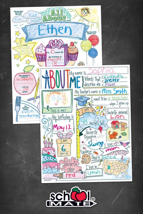 Let students share their creativity and engage in self-discovery with these color-it-yourself Make-It-Mine classroom posters from School Mate! Two different All About Me designs, both sold in packs of 30! Poster About Yourself, All About Me Board Ideas, All About Me Poster Kindergarten, All About Me Project, Posters School, About Me Poster, All About Me Poster, High School Project, Blank Books