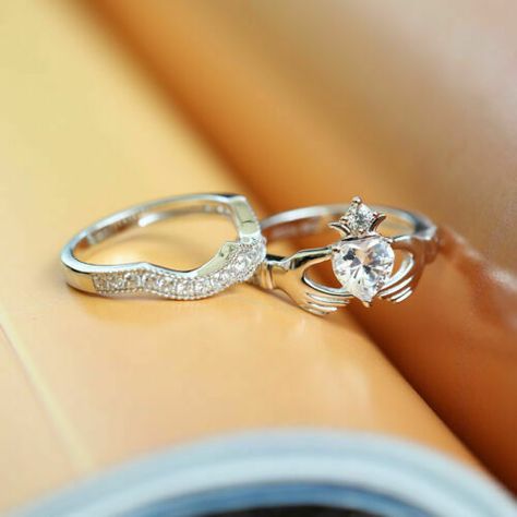 Crown Claddagh Wedding Bridal Ring Set 1.15Ct Heart & Round Diamond 10K Gold  #Vivre Knot Tattoos, Irish Wedding Ring, Claddagh Engagement Ring, Simple Crown, Womens Wedding Rings, Engagement Ring And Band, Celtic Claddagh Ring, Claddagh Ring Wedding, Irish Ring