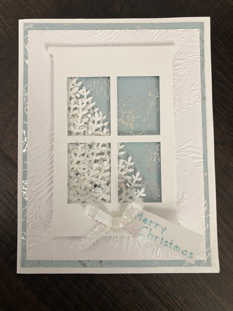 "This is a Beautiful Christmas Card, made with embossed paper and Ice Blue foil paper. A Christmas tree set inside a window, with bow and Merry Christmas greeting. Inside greeting, All is Calm All is Bright, in silver. The ice blue paper collection is beautiful and calming. Slight variations from card to card as all are handmade. This listing is for 6 cards. Each card comes with a white, standard size A2 envelope (4 3/8\" x 5 3/4\"). Each card is shipped in a plastic sleeve inside a rigid mailer Blue Christmas Cards, Die Cut Christmas Cards, All Is Bright, Christmas Tree Card, Vellum Cards, All Is Calm, Stamped Christmas Cards, Simple Christmas Cards, Beautiful Christmas Cards