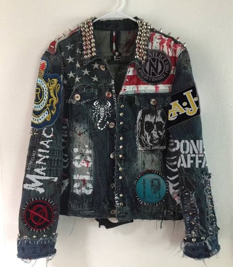 Handmade Jeans Patches Spiked Studs Denim Jacket Punk Jean Jacket, Men Trendy Fashion, Patches Jeans, Handmade Patches, Jean Jacket Patches, Punk Jacket, Steampunk Jacket, Party Jacket, Patched Denim Jeans