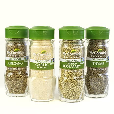 McCormick Gourmet Organic Garlic & Herbs Everyday Basics Variety Pack (Oregano, Garlic Powder, Crushed Rosemary, Thyme), 0.05 lb Thyme Seasoning, Oregano Leaves, Rosemary Garlic, Spice Set, Organic Spice, Spice Bottles, Caraway Seeds, Grocery Foods, Savoury Baking