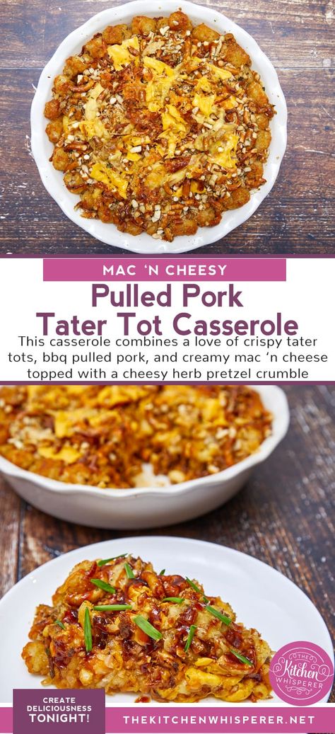 This casserole combines a love of crispy tater tots, bbq pulled pork, and creamy mac ‘n cheese topped with a cheesy herb pretzel crumble. Cheesy Tater Tot Pulled Pork Casserole with Herb Pretzel Crumble, pulled pork casserole, bbq pulled pork casserole, potato tot casserole, macaroni and cheese, mac 'n cheese, leftover casseroles, freezer meals #tatertots #casseroles #pulledpork Pork Tater Tot Casserole, Potato Tot Casserole, Creamy Mac N Cheese, Pulled Pork Casserole, Casserole Potato, Sweet Potato Tater Tots, Pork Sausage Recipes, Leftover Casserole, Pork Casserole