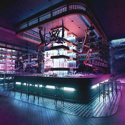 Techno Interior Design, Cyberpunk Bar Interior Design, Futuristic Bar Design, Sci Fi Bar, Bar Concept Art, Cyberpunk Nightclub, Scifi Bar, Cyberpunk Club, Fantasy Bar