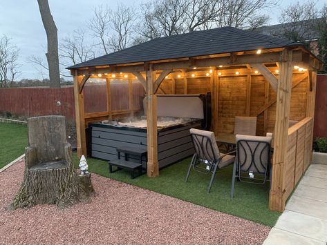 Gazebo Ideas Backyard With Hot Tub, Hot Tub Garden Ideas Privacy Screens, Patio With Gazebo And Hot Tub, Hot Tub Deck With Bar, Screened Hot Tub Enclosure, Hot Tub Pavilion, Hot Tub And Bbq Area, Outside Hot Tub Area, Hot Tub In Gazebo