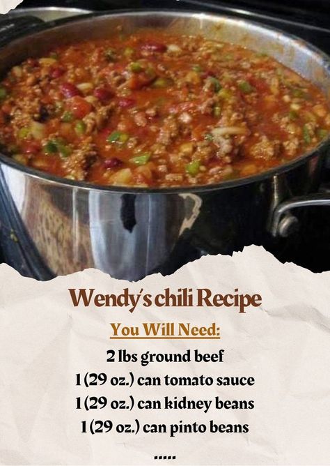 Wendys Chili Save this recipe for a crisp fall day!

Ingredients:
2 lbs ground beef
1 29 oz. can tomato sauce
1 29 oz. can kidney beans with liquid
1 29 oz. can pinto beans with liquid
1 cup diced onion
1/2 cup diced green chili
1/4 cup diced celery
3 medium tomatoes, chopped
2 teaspoons cumin powder
3 tablespoons chili powder
1 1/2 teaspoons black pepper
2 teaspoons salt
2 cups water
Instructions:
In a large skillet, brown the ground beef over medium heat. Drain off the excess fat.
Transfer the Wendy's Chili, Wendys Chili Recipe, Can Tomato Sauce, Chili Ingredients, Grandmas Recipes, Canned Tomato Sauce, Fall Day, Chili Recipe, How To Can Tomatoes