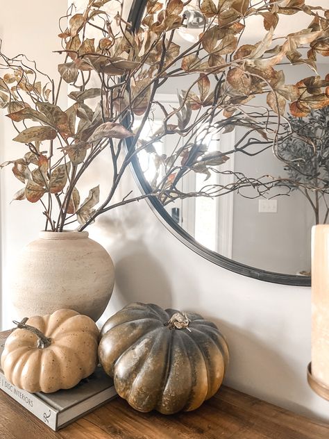 Fall styling, fall decor, console table, entryway, foyer, hallway, faux stems, fall stems, faux florals, vase styling, faux pumpkins, autumn, neutral fall, seasonal decor Thanksgiving Entryway Decor, Fall Foyer Decor, Fall Console Table Decor, Fall Entryway Table Decor, Fall Entry Table Decor, Vase Styling, Fall Entry Table, Decor Console Table, Fall Stems