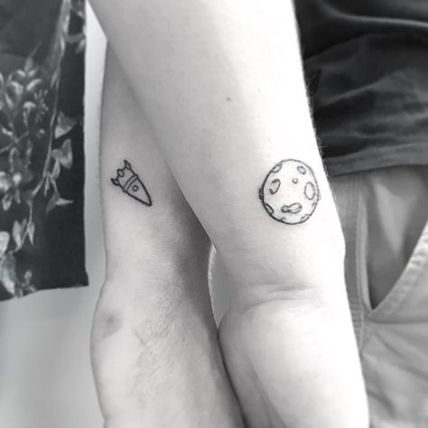 To The Moon And Back Tattoo, Couple Tat, Rocket Tattoo, Related Tattoos, Moon Tattoos, Matching Couple Tattoos, Matching Tattoo, Matching Tattoos, Couple Tattoos