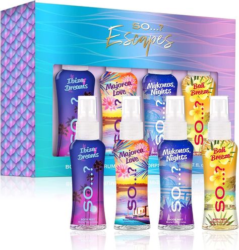 THE PERFECT WOMENS GIFT SET- Treat someone special the ideal gift for women, mums, grans, girls, teenage girls and stocking fillers at Christmas! SO…? SUMMER ESCAPES - 4x travel-size body mists in 1 x 50ml Ibiza Dreams, Bali Breeze, Mykonos Nights and Hawaiian Honey/Marbella Magic/Majorca Love/Seychelle Sands HOW MANY SPRAYS? - Each 50ml So…? Body Mist contains over 350 sprays, representing 35 days supply based on 5 sprays 3 times a day. Lasting approx 6 hours after spraying. So Body Mist, Summer Escape, Fragrance Spray, Majorca, Fragrance Gift Set, Unusual Gifts, Body Mist, Gift Sets, Fragrance Notes