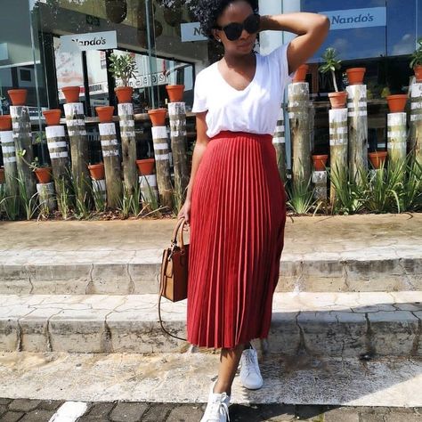 Pleated SkirtWhite TopWhite SneakersCasualFlirty Red Pleated Skirt Outfit Summer, Pleated Skirt Outfit Summer Casual, Diplomatic Outfit, Red Pleated Skirt Outfit, Pleated Skirt Outfit Black Women, Black Skirt Outfit Party, Pleated Skirt And Sneakers, Pleated Skirt Outfit Summer, Skirt With Sneakers