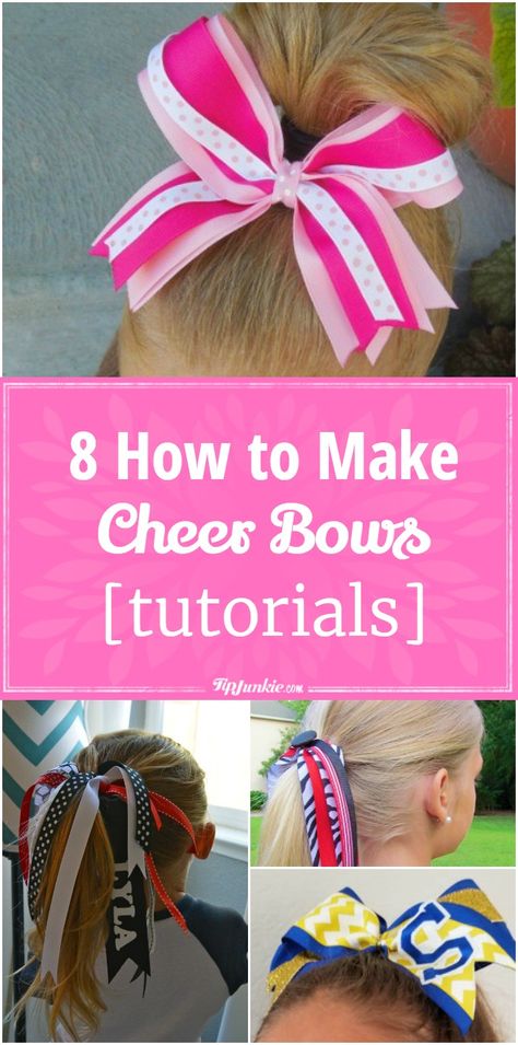 8 How to make cheer hair bows for girls ! They're so pretty they can be worn for any occasion. via @tipjunkie Softball Hair Bows Diy How To Make, Team Hair Ribbons Diy, Make Cheer Bows, Cheer Bow Tutorial, Peewee Cheer, Thumbtack Art, Sports Hair Bows, Cheer Bows Diy, Softball Hair Bows