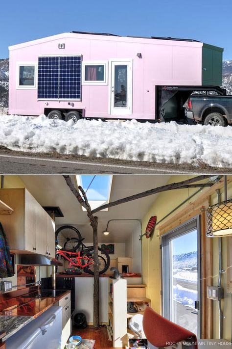 Tuscon 28′ Gooseneck Tiny House is an Off-Grid Solution With a Skylight Branch Walkway House With Skylight, Gooseneck Tiny House, Build A Tiny House, Book Tower, Roof Shapes, Building A Tiny House, Tiny House Interior, Tiny House Living, Tiny House On Wheels