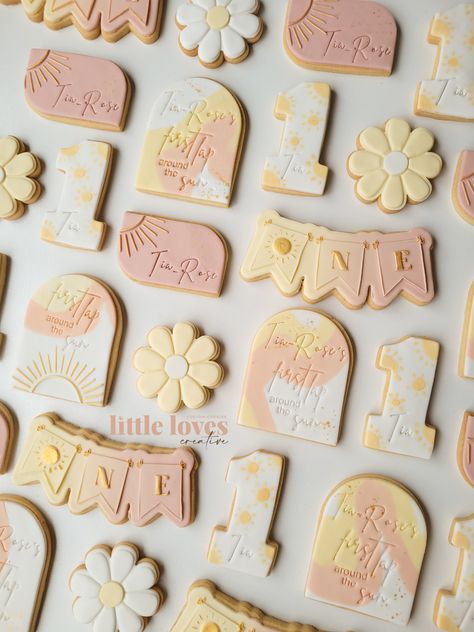 Sunshine 1st Birthday Cookies, Boho Sun Themed Birthday Party, Sunshine First Birthday Cookies, Sun Themed Cookies, My Little Sunshine 1st Birthday, Sunshine Birthday Cookies, First Lap Around The Sun Birthday Cake, First Trip Around The Sun Boho Birthday Party, Sunshine One Year Old Party