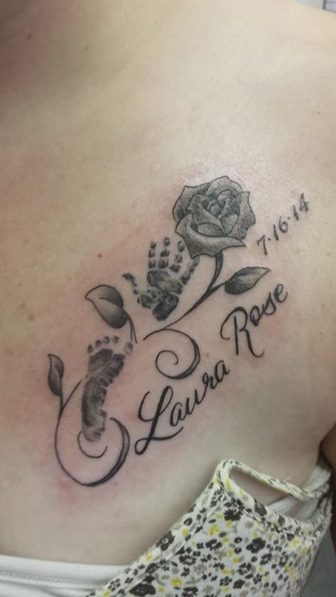 My 4th tattoo in memory of my first child, Laura Rose. R.I.P. Baby Girl Gone But Not Forgotten! Tattoos For Your Newborn, First Born Daughter Tattoo Ideas, First Born Daughter Tattoo, Tattoo Ideas For First Born Daughter, Baby Girl Tattoo Ideas For Dad, Tattoo Ideas For Baby Girl, Baby Footprint Tattoo Ideas For Mom, Still Birth Tattoo, Tattoos For Baby Girl